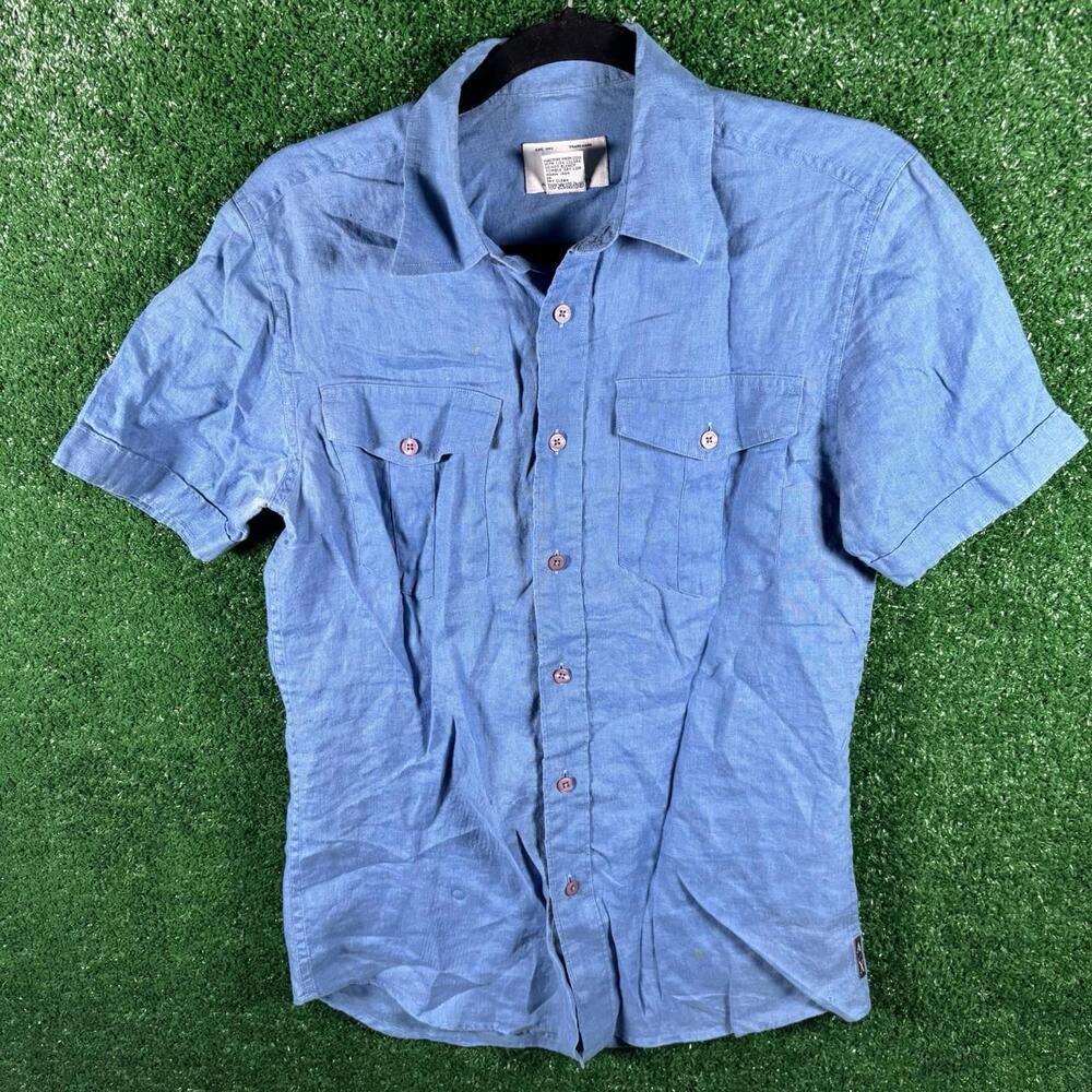 Armani Exchange Blue Button Shirt Small 100% Linen Short Sleeve Mens